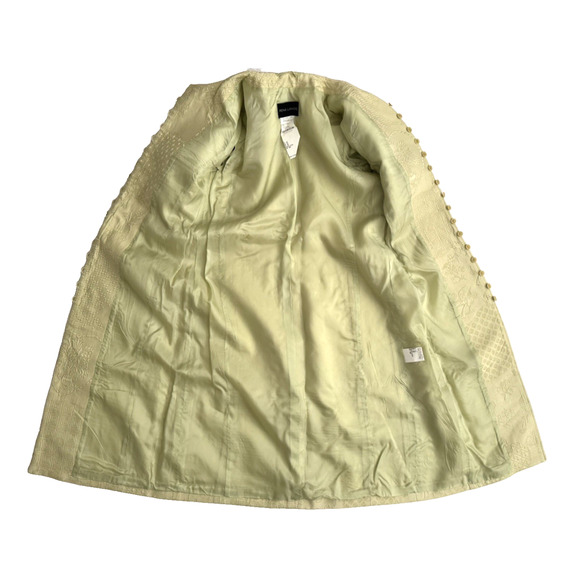 Vintage Rena Lange Coat Pant Set 6 Soft Yellow-Green Jacquard Silk Beaded Belt - Picture 9 of 12